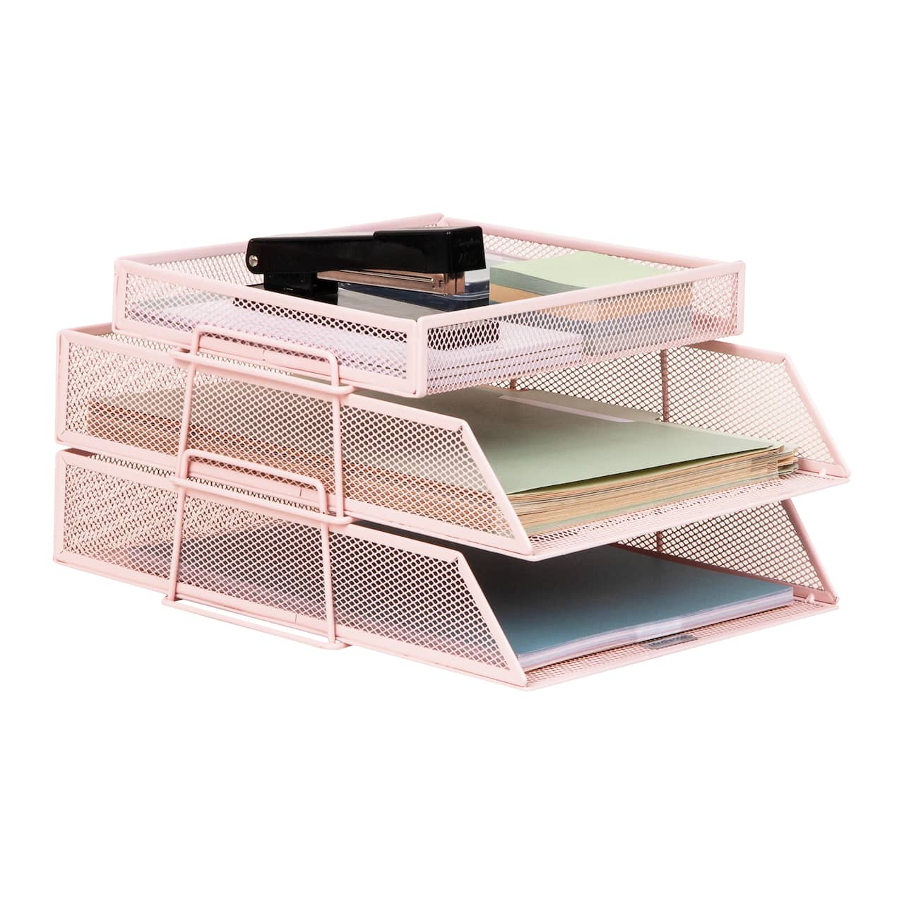 Mind Reader 2 Tier Paper Tray with Top Supply Compartment, Desktop File Organizer, Metal Mesh, Pink